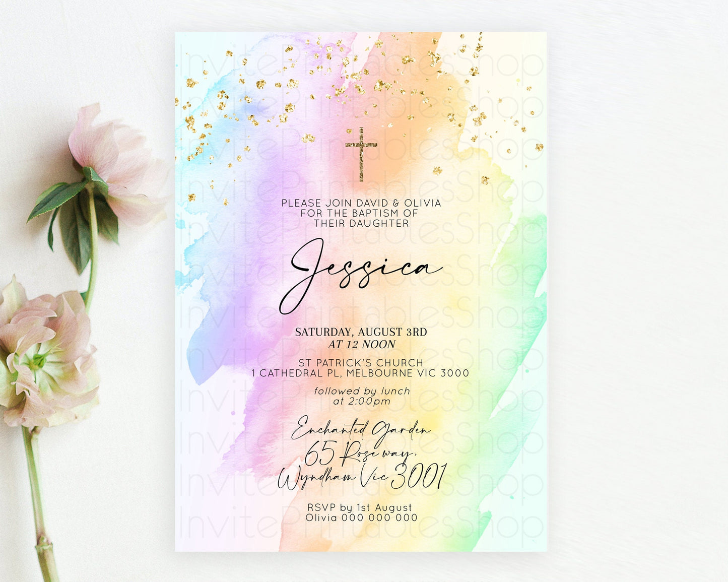 Pastel Baptism Invitation Pastel Colors Watercolor Baptism 1st Birthday Party Gold Ombre Pastel Rainbow Christening Holy Communion D10645