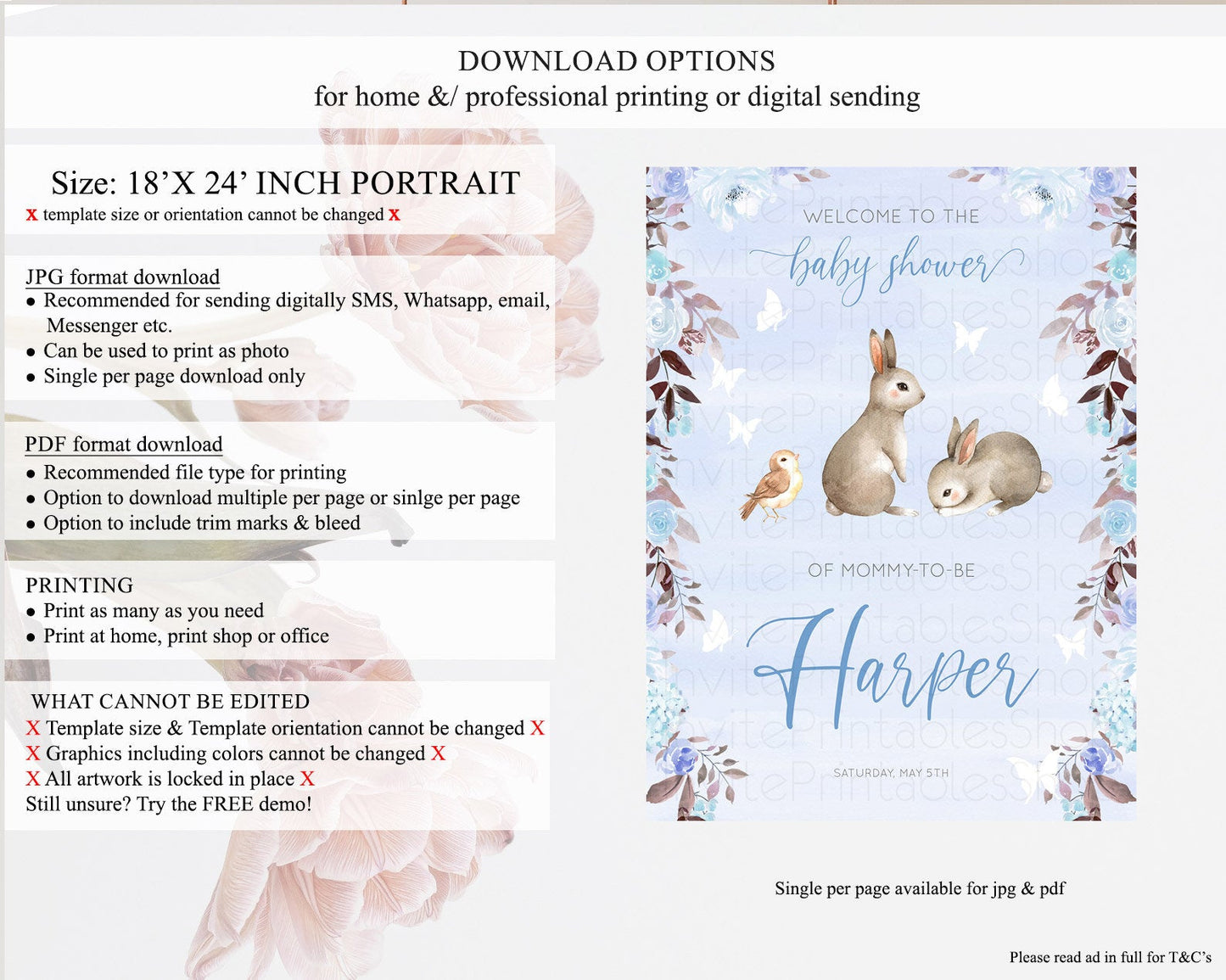 Bunny Baby Shower Welcome Sign Floral Bunny Welcome Board Pastel Flowers Woodland Bunny Welcome Poster Forest Bunny Welcome Sign D10923