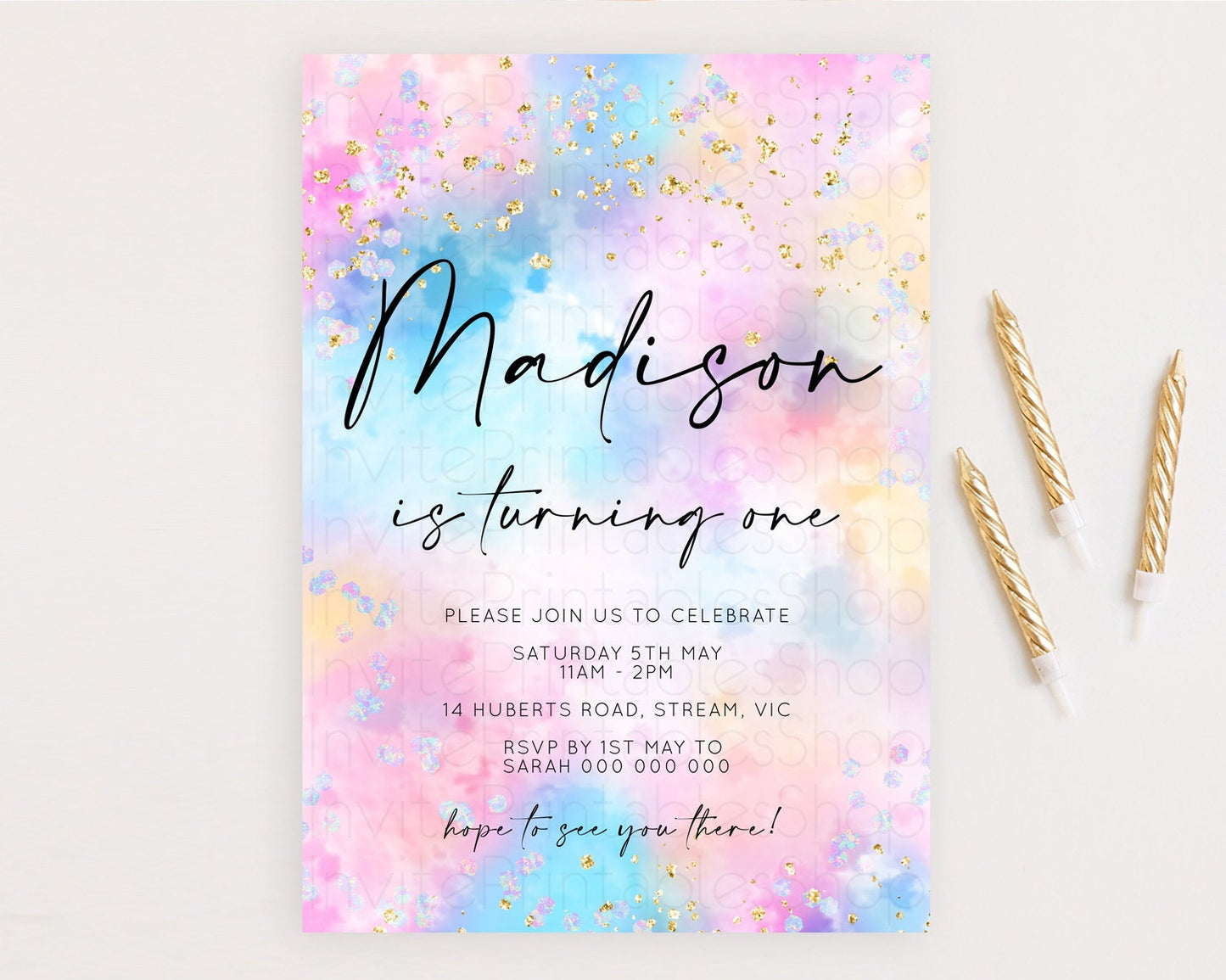 Rainbow Birthday Invitation Colorful Pastel Watercolor Invitation Gold Glitter Sprinkles Ombre Pastel 1st 2nd 3rd Birthday D10607