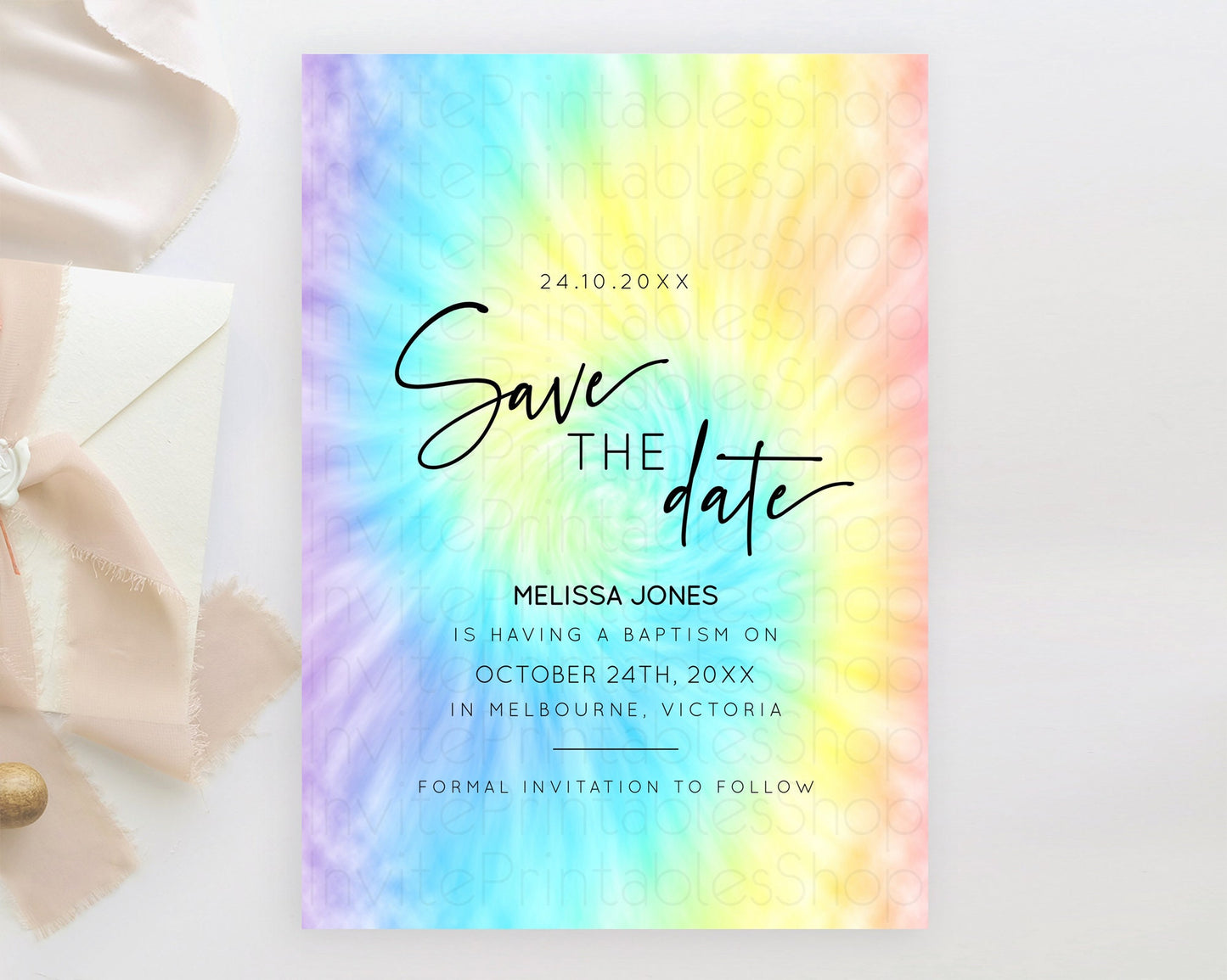 Tie Dye Save The Date Template Rainbow Pastel Ombre Watercolor Party For 1st Birthday Baptism Baby Shower Bridal Shower Wedding D10578