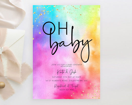 Pastel Baby Shower Invitation Rainbow Baby Shower Invitation Colorful Pastel Watercolor Invitation Gold Glitter Sprinkles Ombre D10456