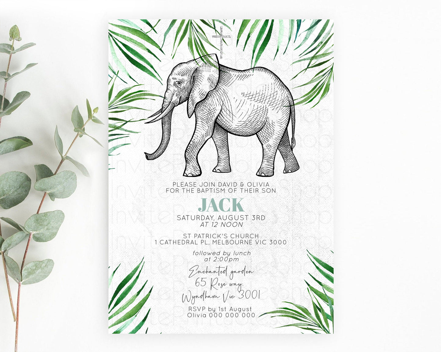 Elephant Baptism Invitation Elephant Baptism 1st Birthday Invitation Safari Christening Invitation TWO Wild ONE Jungle Adventure Zoo D10850