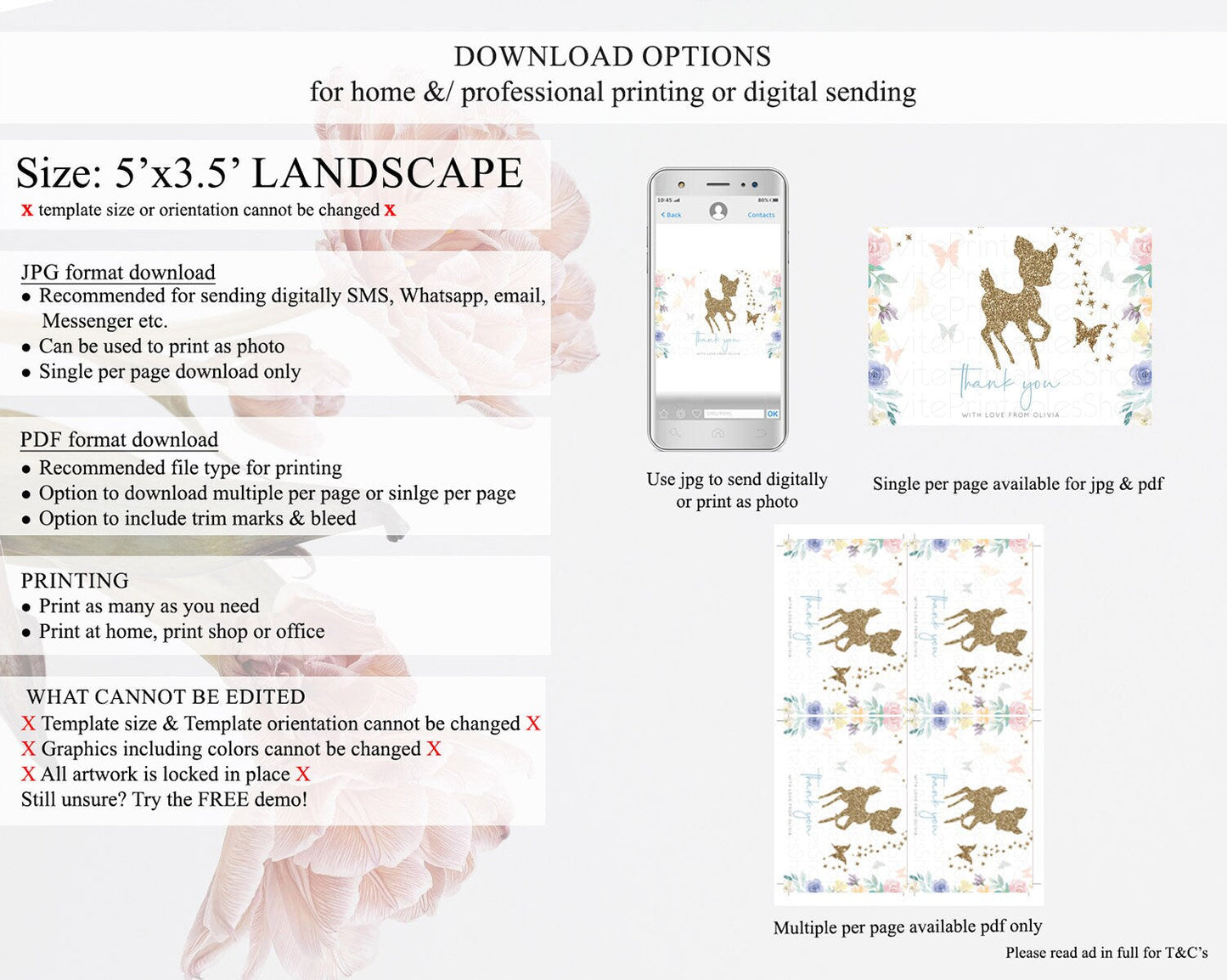 Fawn Thank You Deer Thank You Card Pastel Floral Deer Birthday Thank You Card Enchanted Forest Butterfly Deer Teacher Thank You Card D10878