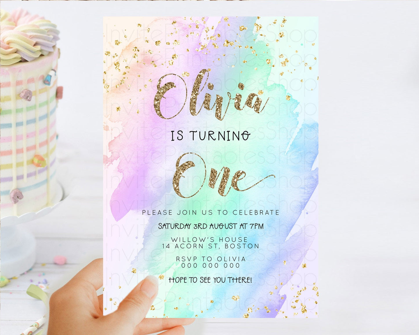 Rainbow Birthday Invitation Colorful Pastel Watercolor Invitation Gold Glitter Sprinkles Ombre Pastel 1st 2nd 3rd Birthday D23284