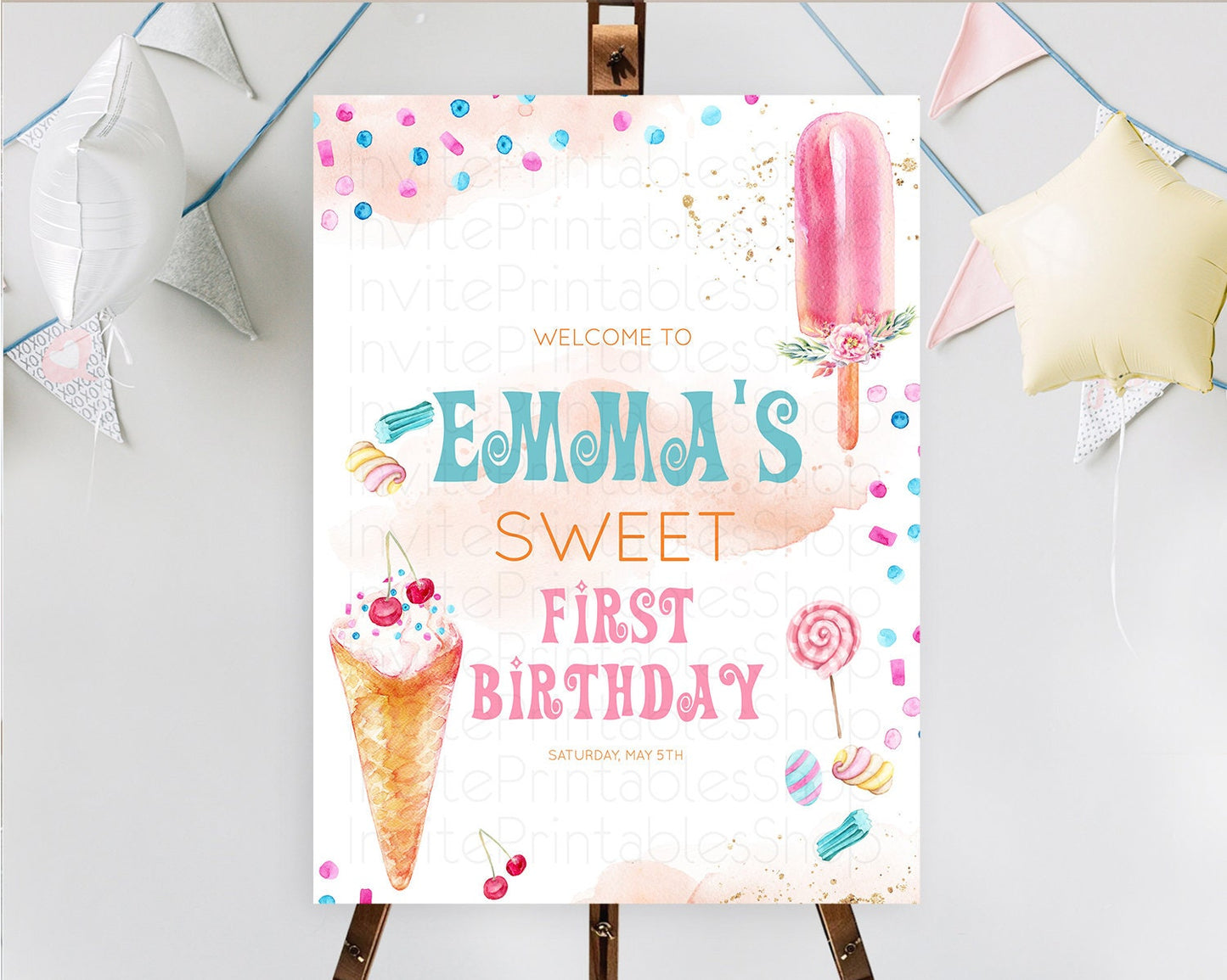 Editable Ice Cream Welcome Sign Sweet One Welcome Board Heres The Scoop Deco