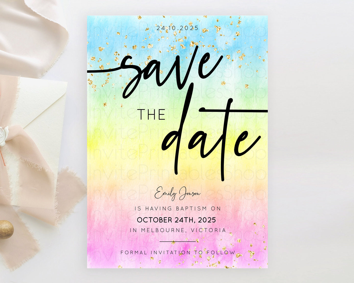 Pastel Save The Date Template Pastel Ombre Rainbow Watercolor Colorful Party For Birthday Baptism Baby Shower Wedding Bridal Shower D10480