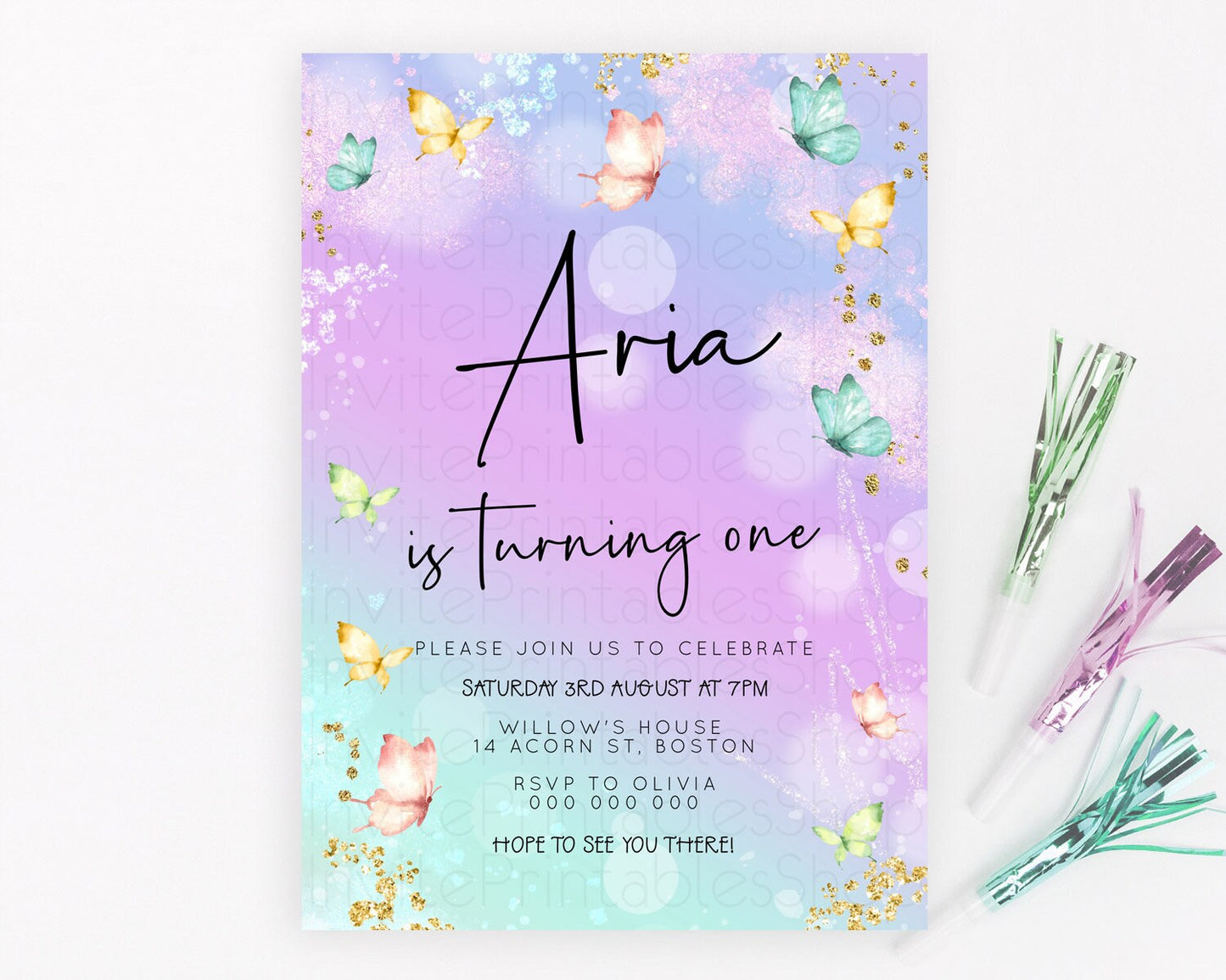Pastel Butterfly Birthday Invitation Butterfly Birthday Invitation Whimsical Butterfly Enchanted Garden 1st 2nd Birthday Invitation D23145