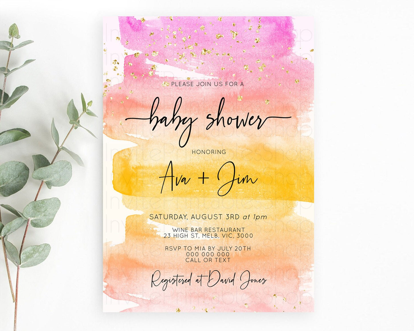 Pastel Baby Shower Invitation Rainbow Baby Shower Invitation Colorful Pastel Watercolor Invitation Gold Glitter Sprinkles Ombre D10520