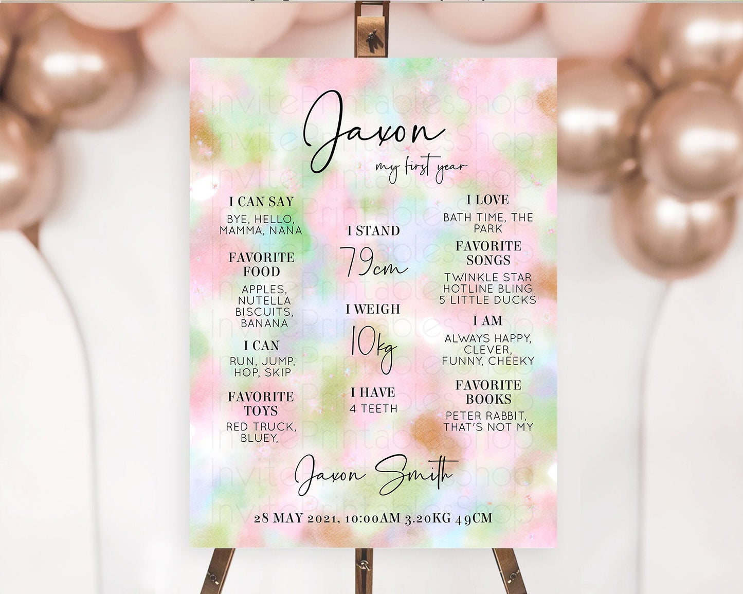 Pastel First Birthday Milestone Board Pastel Rainbow Milestone Poster Colorful Confetti Watercolor Glitter 1st Birthday Welcome Sign D10698