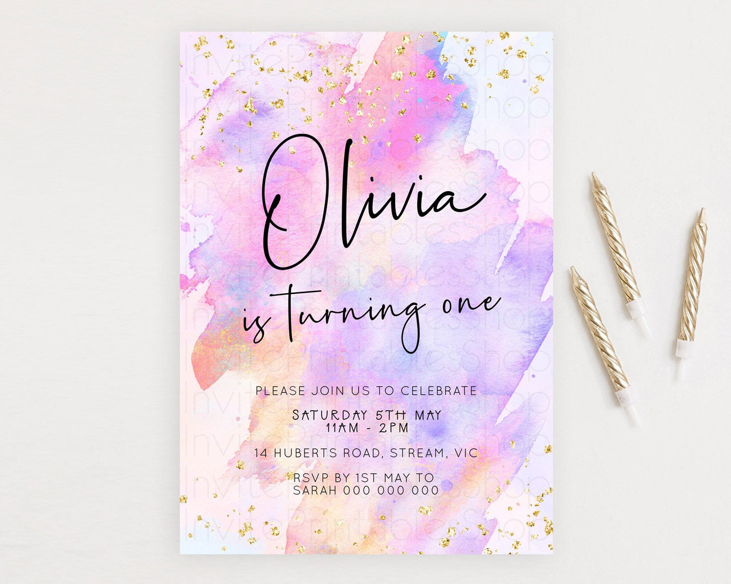 Pastel Birthday Invitation Ombre Watercolor Birthday Invitation Glitter Rainbow Color Splash 1st 2nd 3rd Birthday Invitation D23067