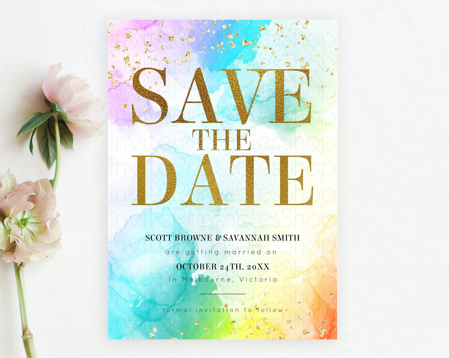 Editable Pastel Save The Date Template Pastel Ombre Rainbow Watercolor Color