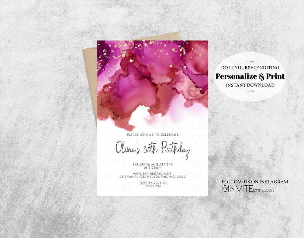 Pink Birthday Invitation Jewel Oil Acrylic Watercolor Ink Splash Gold Foil Splatter Sprinkles Water Marble Stone Printable Custom Template