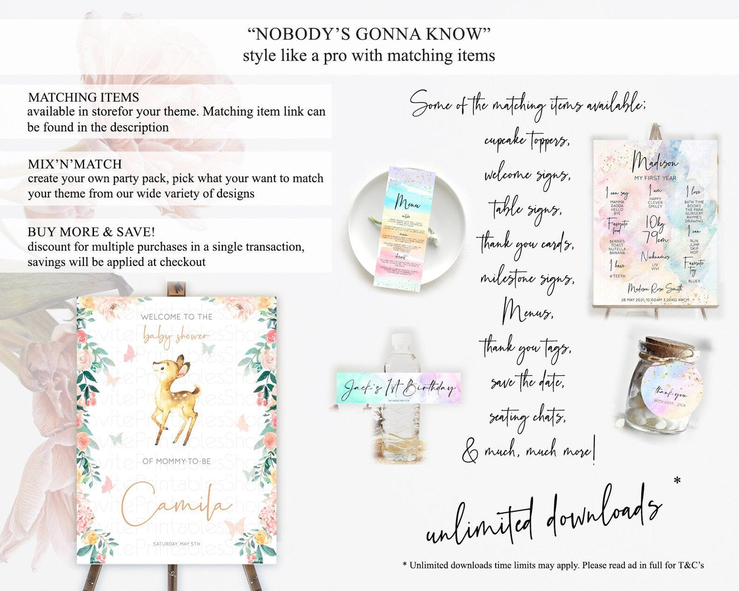 Fawn Baby Shower Welcome Sign Deer Welcome Board Floral Deer Welcome Poster Enchanted Forest Butterfly Pastel Floral Welcome Sign D10753