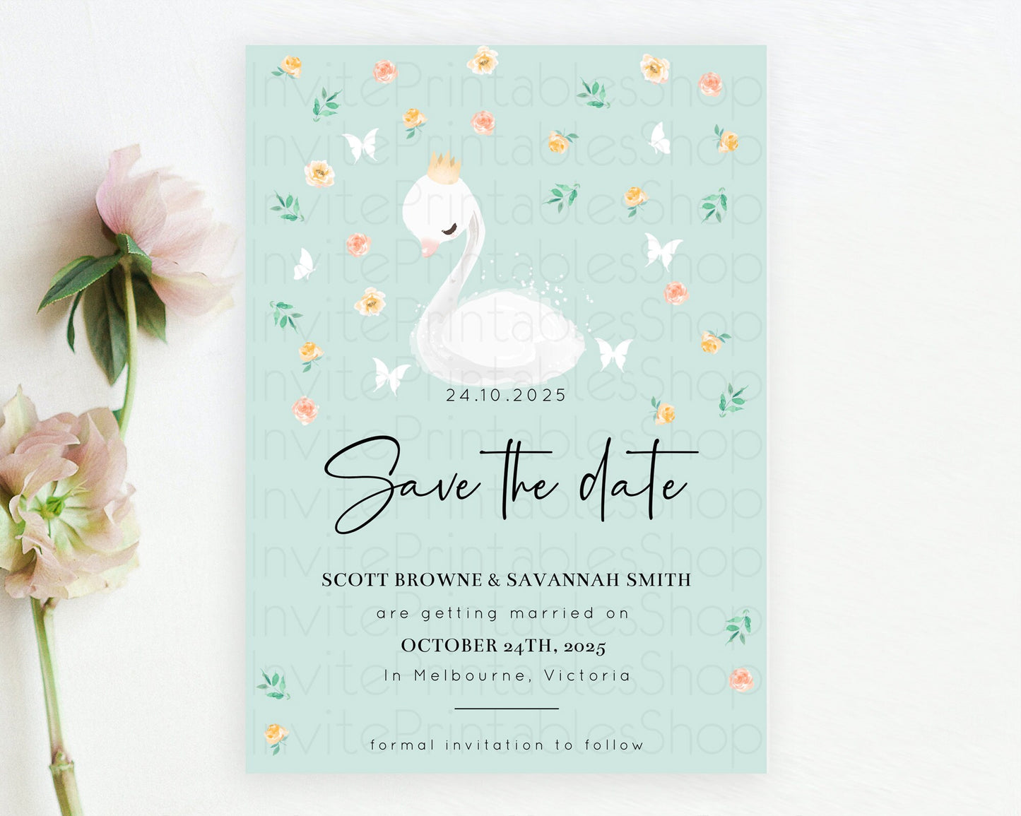 Swan Save The Date Template Swan Princess Ballet Party Enchanted Swan Lake Secret Garden Pastel Floral Birthday Baptism Baby Shower  D10905