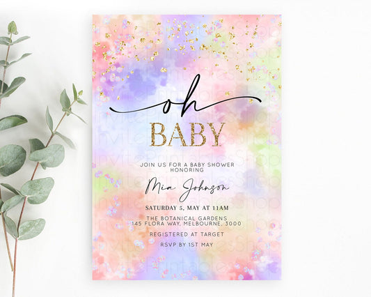 Pastel Baby Shower Invitation Rainbow Baby Shower Invitation Colorful Pastel Watercolor Invitation Gold Glitter Sprinkles Ombre D10610