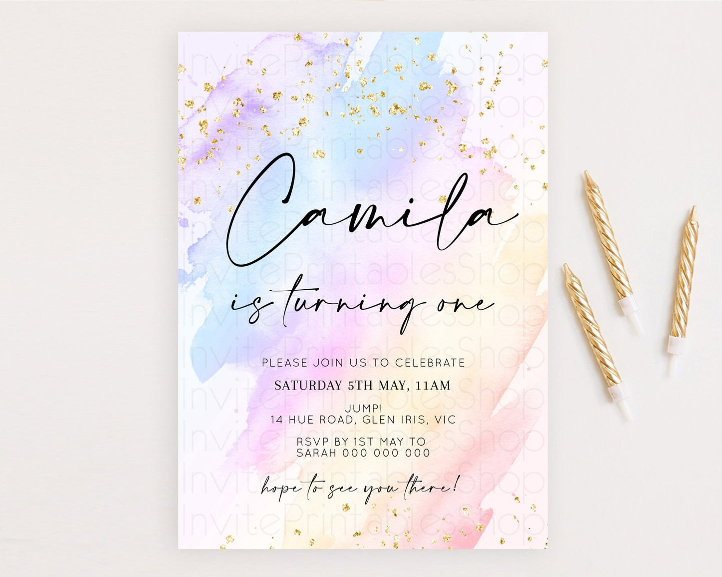Rainbow Birthday Invitation Colorful Pastel Watercolor Invitation Gold Glitter Sprinkles Ombre Pastel 1st 2nd 3rd Birthday D10635