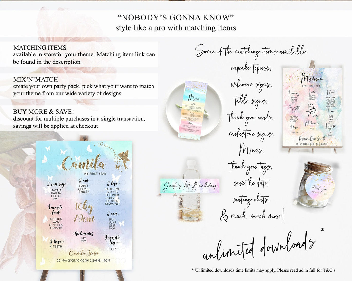 Fairy First Birthday Milestone Poster Fairy Secret Garden Milestone Board Enchanted Garden Pastel Floral Butterfly 1st Birthday Sign D10894