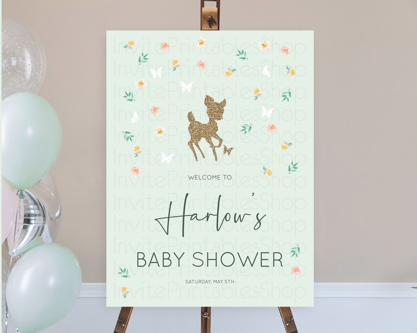 Fawn Baby Shower Welcome Sign Deer Welcome Board Floral Deer Welcome Poster Enchanted Forest Butterfly Pastel Floral Welcome Sign D10385