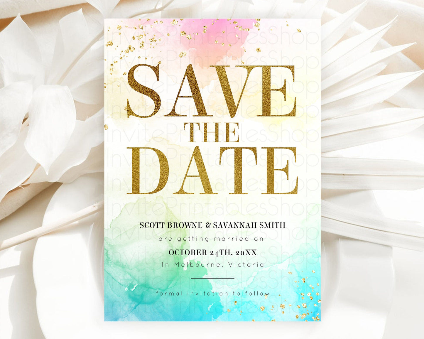 Pastel Save The Date Template Pastel Ombre Rainbow Watercolor Colorful Party For Birthday Baptism Baby Shower Wedding Bridal Shower D10770