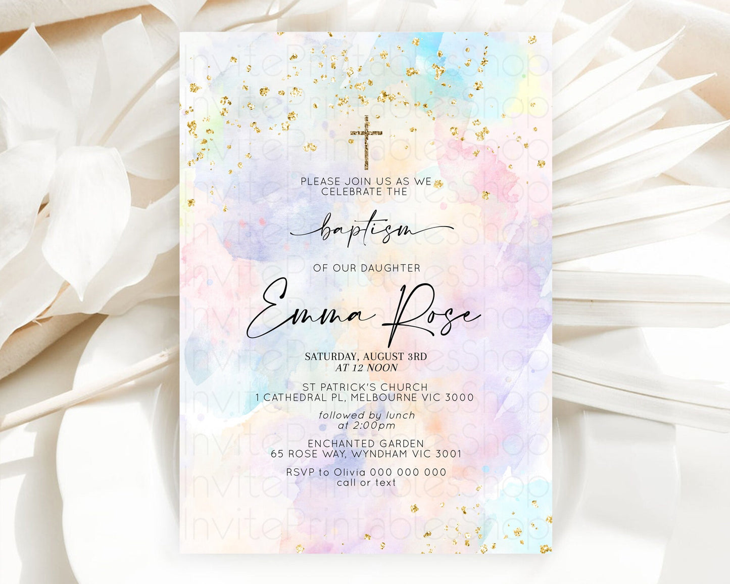 Pastel Baptism Invitation Pastel Colors Watercolor Baptism 1st Birthday Party Gold Ombre Pastel Rainbow Christening Holy Communion D10605