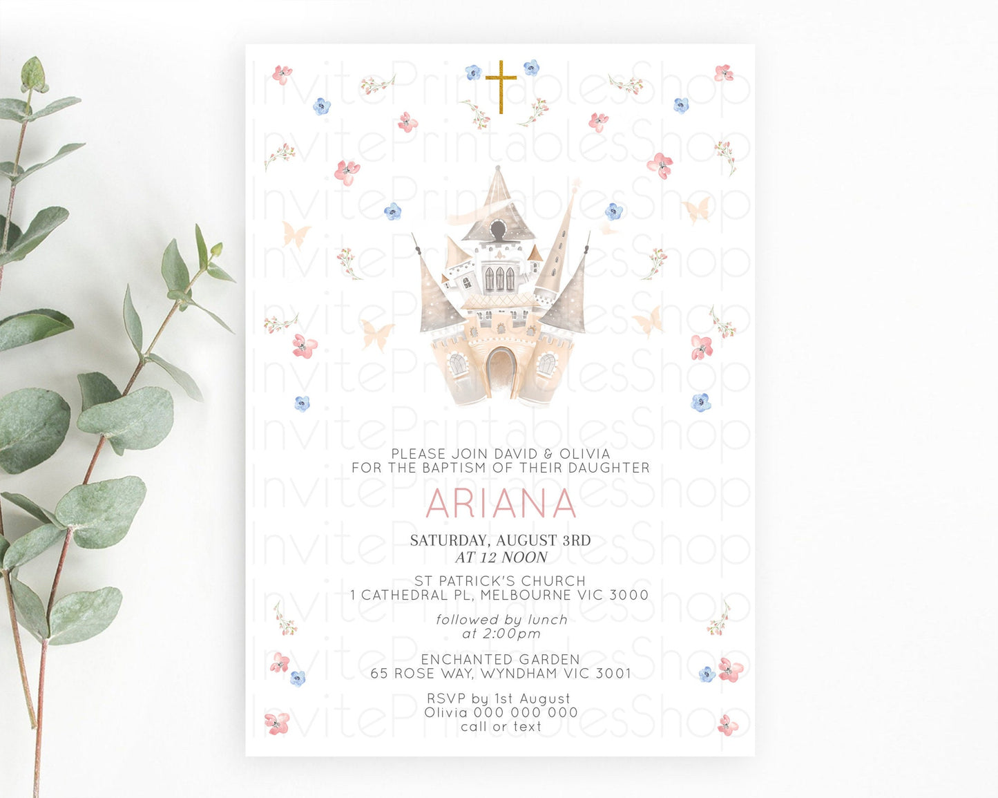 Princess Baptism Invitation Enchanted Castle Baptism 1st Birthday Invitation Royal Party Pastel Floral Secret Garden Christening D10364