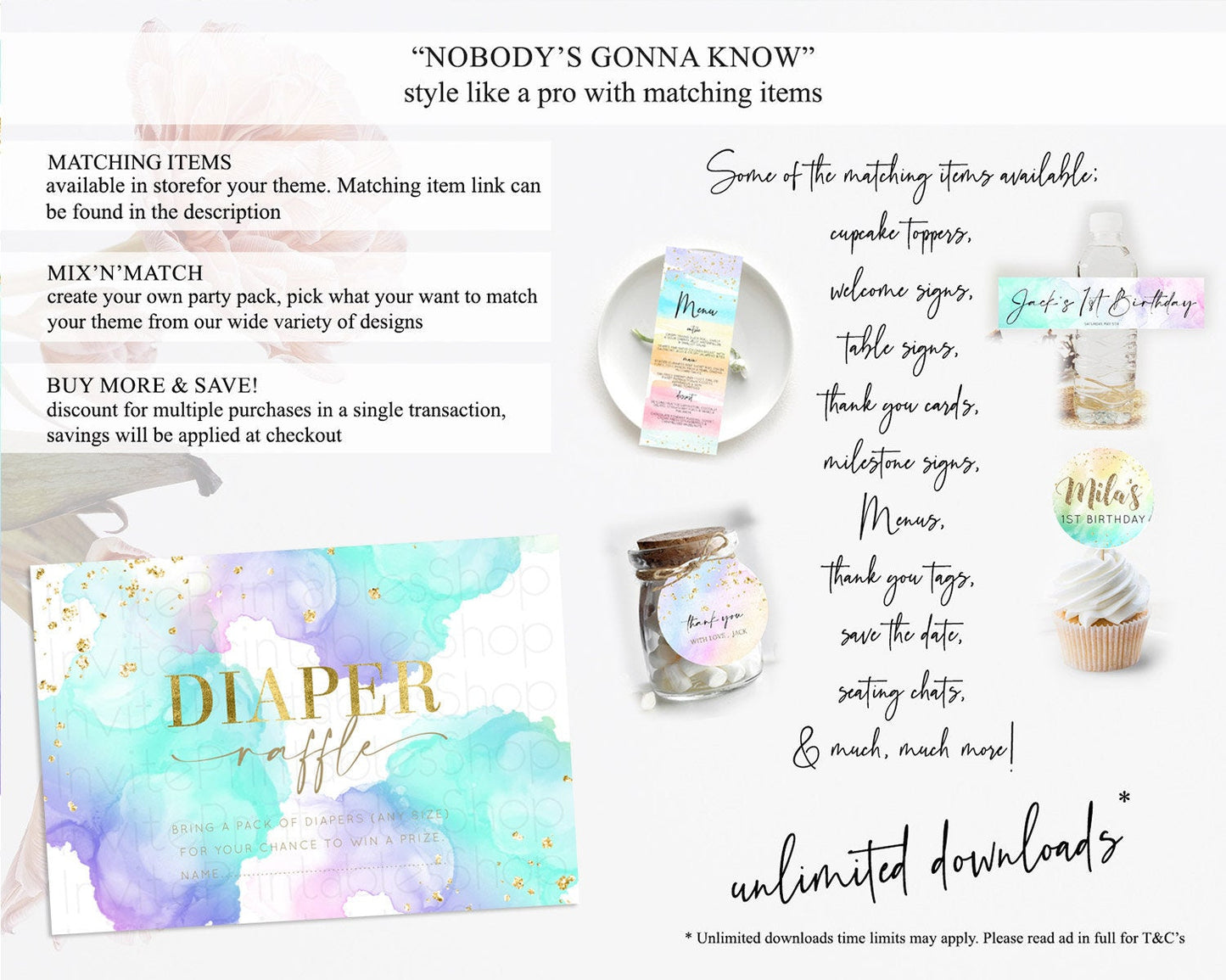 Pastel Diaper Raffle Card Pastel Rainbow Diaper Raffle Insert Colorful Ombre Watercolor Diaper Ticket Confetti Glitter Raffle Game D10212