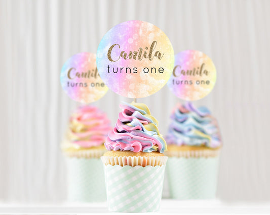 Editable Rainbow Cupcake Toppers Pastel Cupcake Toppers Colorful Pastel Wate