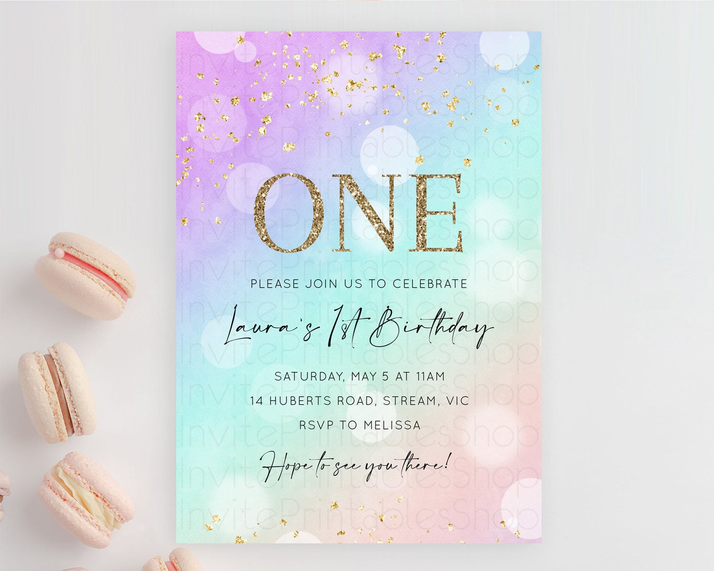 Rainbow Birthday Invitation Colorful Pastel Watercolor Invitation Gold Glitter Sprinkles Ombre Pastel 1st 2nd 3rd Birthday D10618