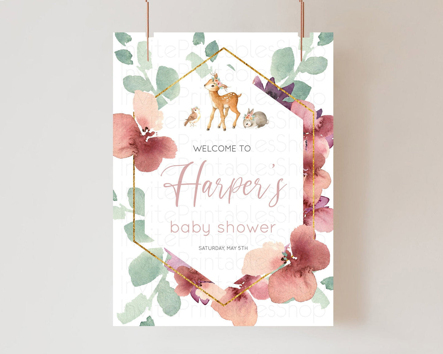 Fawn Baby Shower Welcome Sign Deer Welcome Board Floral Deer Welcome Poster Enchanted Forest Butterfly Pastel Floral Welcome Sign D10913