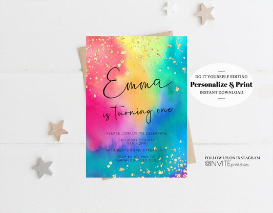 Tie Dye Rainbow Birthday Invitation Ombre Pastel Invitation Colorful Watercolor Splash Gold Glitter Sprinkles Printable Digital Invite