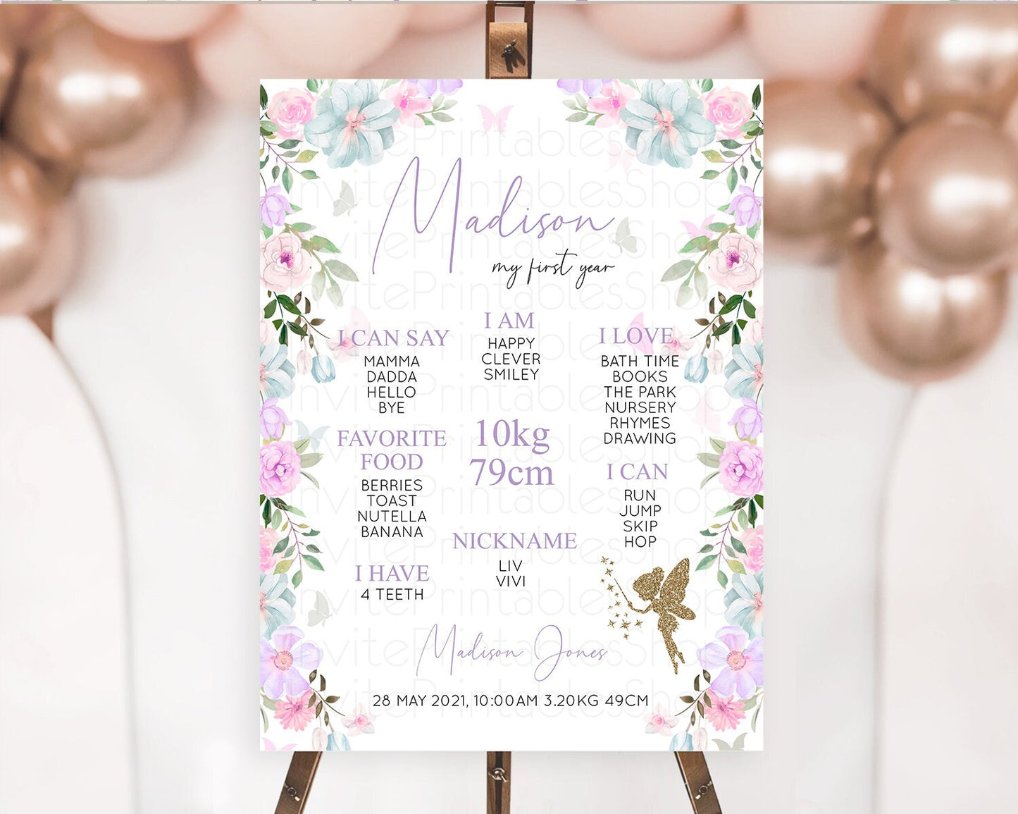 Fairy First Birthday Milestone Poster Fairy Secret Garden Milestone Board Enchanted Garden Pastel Floral Butterfly 1st Birthday Sign D10475