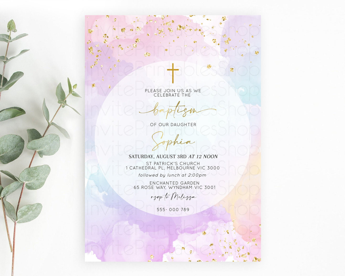 Pastel Baptism Invitation Pastel Colors Watercolor Baptism 1st Birthday Party Gold Ombre Pastel Rainbow Christening Holy Communion D10623