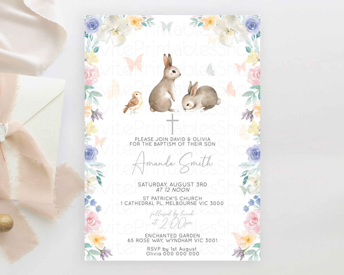 Bunny Baptism Invitation Floral Bunny Baptism 1st Birthday Invitation Pastel Bunny Christening Invite Watercolor Forest Bunny Party D10928