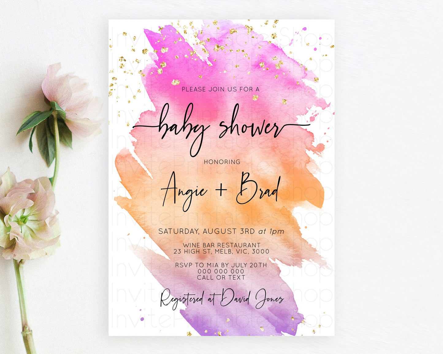 Pastel Baby Shower Invitation Rainbow Baby Shower Invitation Colorful Pastel Watercolor Invitation Gold Glitter Sprinkles Ombre D10488