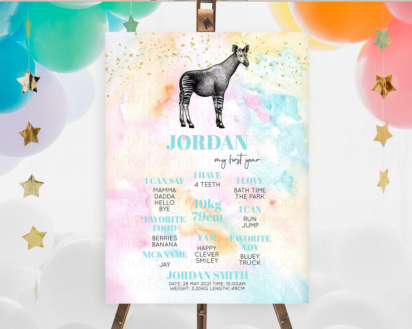 Pastel Okapi First Birthday Milestone Board Okapi Milestone Poster Colorful Rainbow Pastel Watercolor Okapi 1st Birthday Sign D10282