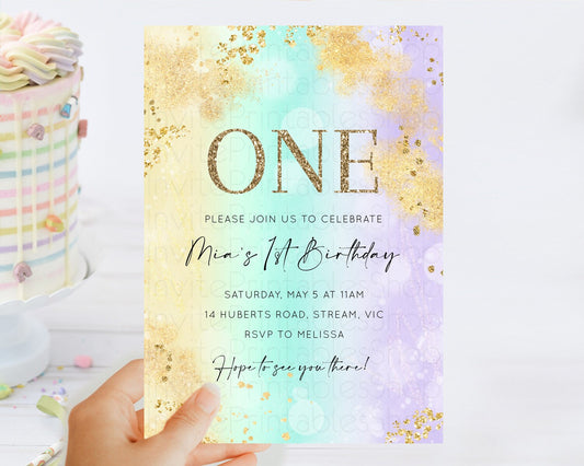 Rainbow Birthday Invitation Colorful Pastel Watercolor Invitation Gold Glitter Sprinkles Ombre Pastel 1st 2nd 3rd Birthday D10672