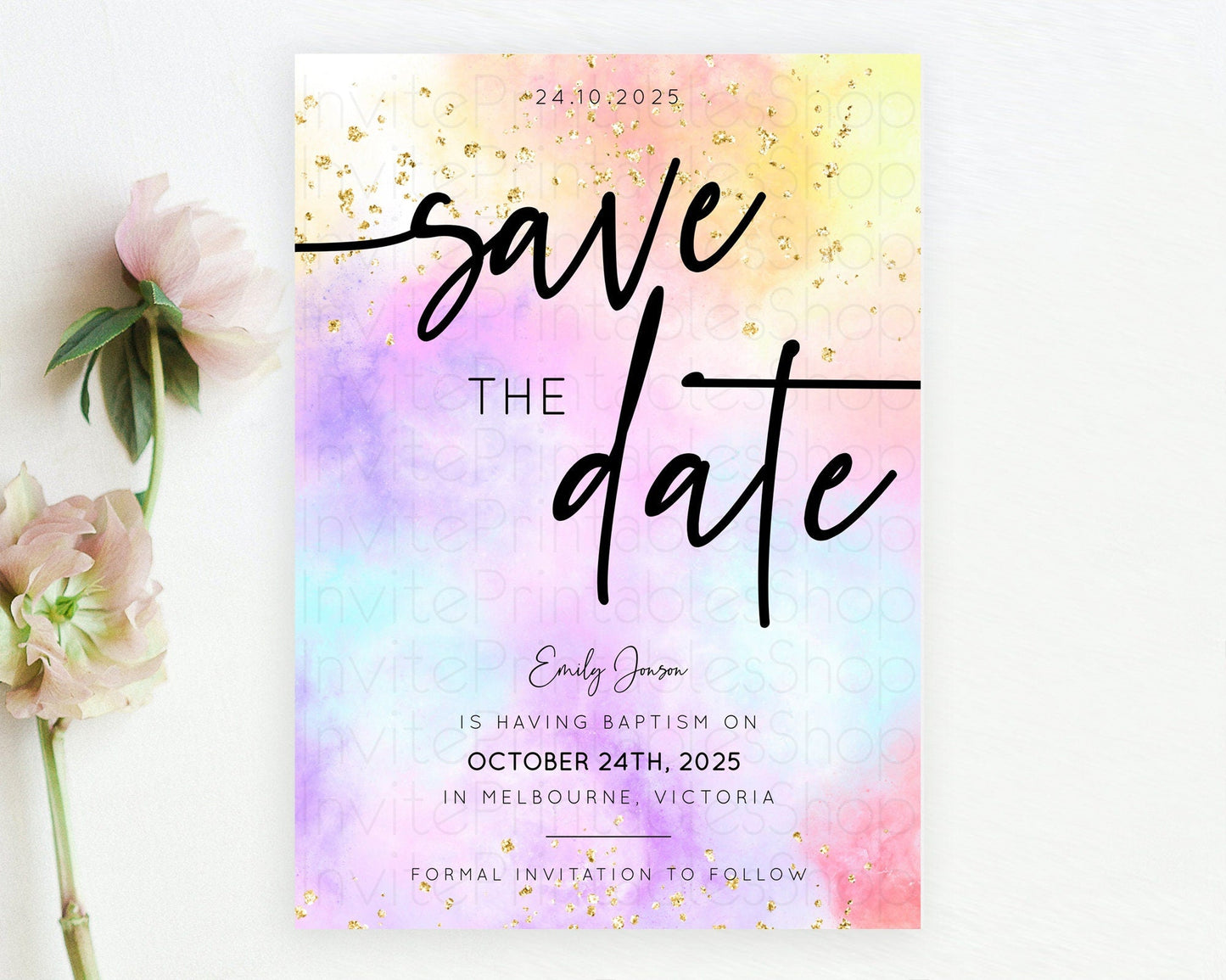 Pastel Save The Date Template Pastel Ombre Rainbow Watercolor Colorful Party For Birthday Baptism Baby Shower Wedding Bridal Shower D10437