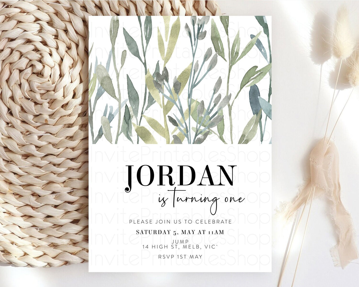 Leafy Birthday Invitation Leafy Invitation Simple Greenery Invitation Eucalyptus Fern Spray Leaves Minimal Green Leaf Watercolour D11060