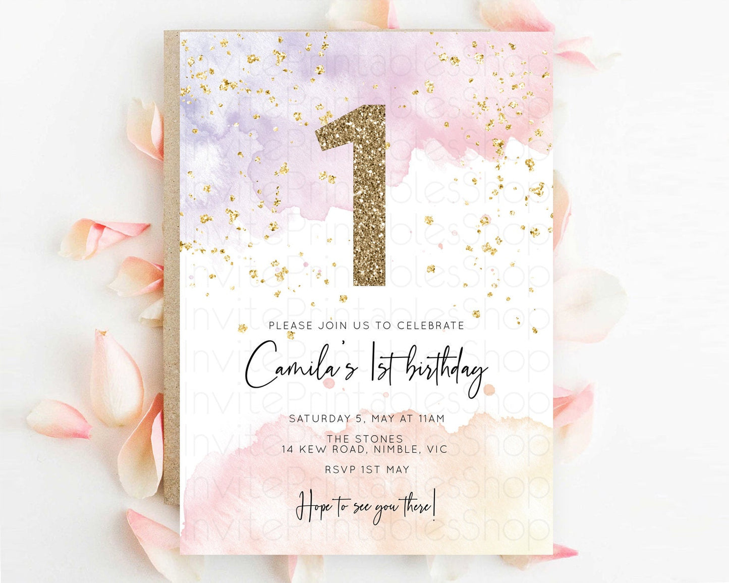 Rainbow Birthday Invitation Colorful Pastel Watercolor Invitation Gold Glitter Sprinkles Ombre Pastel 1st 2nd 3rd Birthday D10327