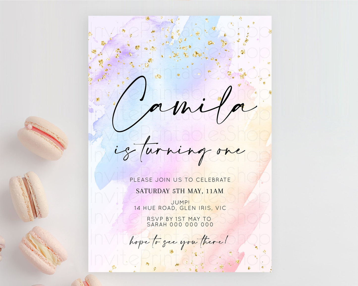 Rainbow Birthday Invitation Colorful Pastel Watercolor Invitation Gold Glitter Sprinkles Ombre Pastel 1st 2nd 3rd Birthday D10635