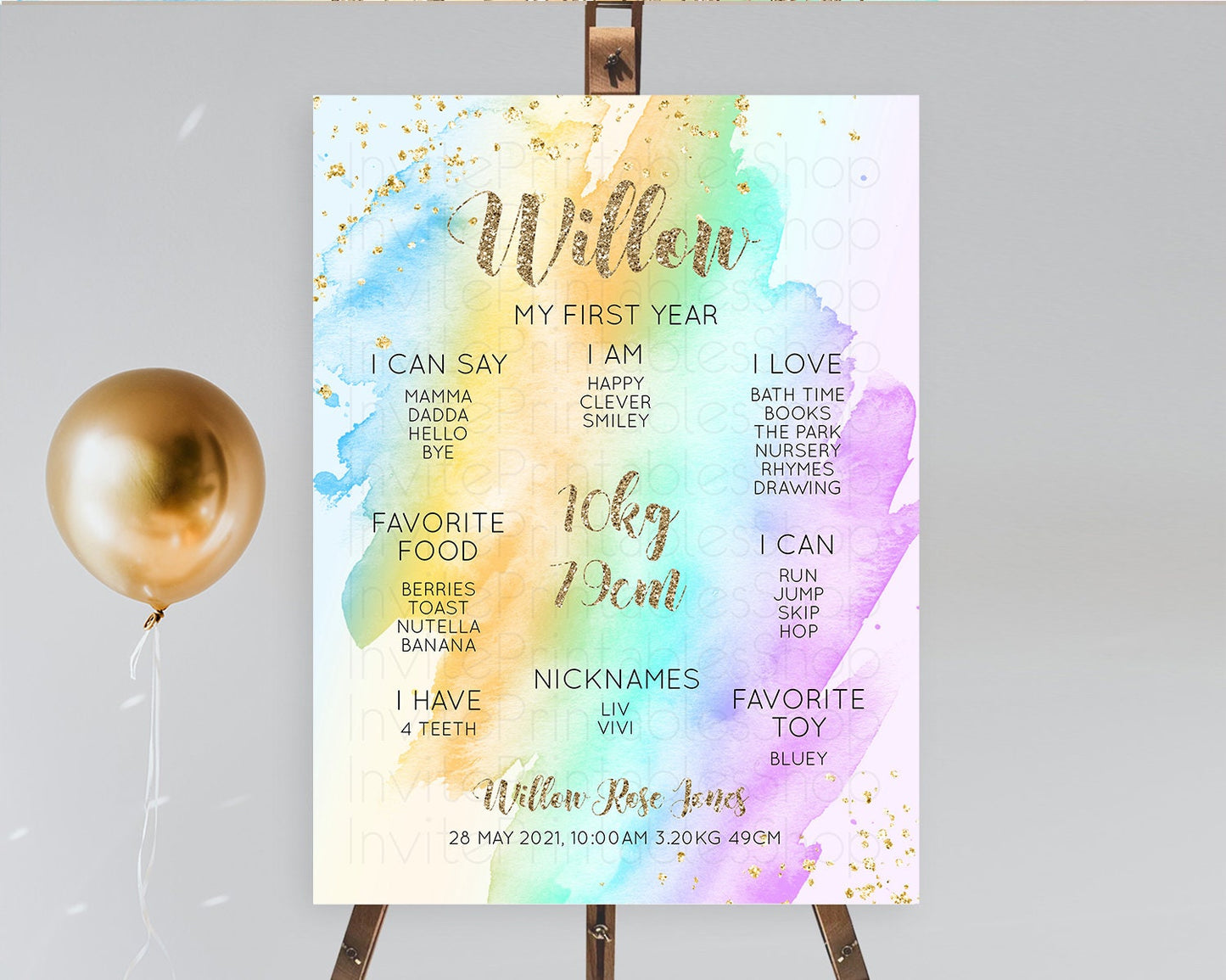 Pastel First Birthday Milestone Board Pastel Rainbow Milestone Poster Colorful Confetti Watercolor Glitter 1st Birthday Welcome Sign D10426