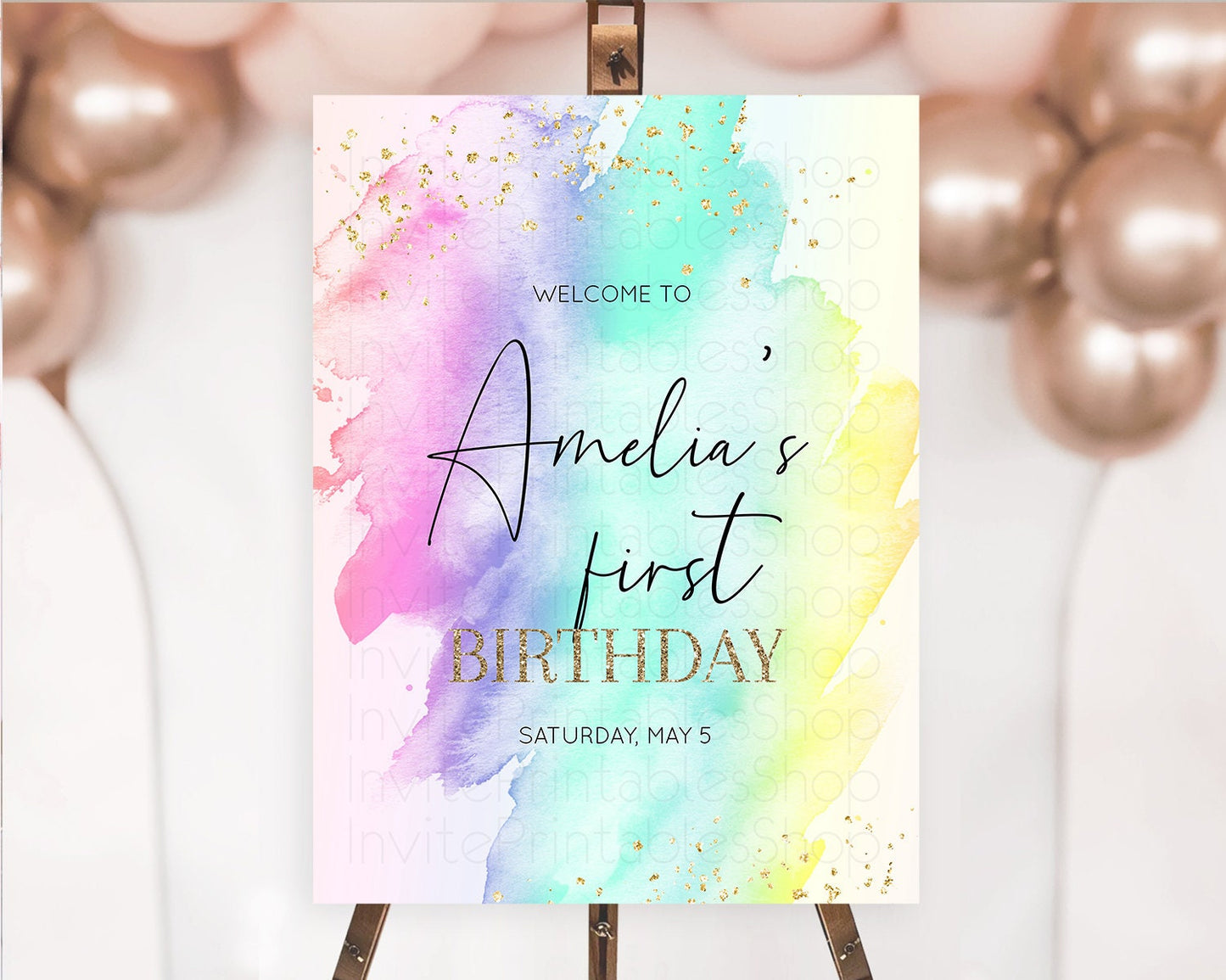 Pastel Welcome Sign Pastel Rainbow Welcome Sign Colorful Rainbow Confetti Watercolor Glitter Pastel First Birthday Welcome Sign D10231