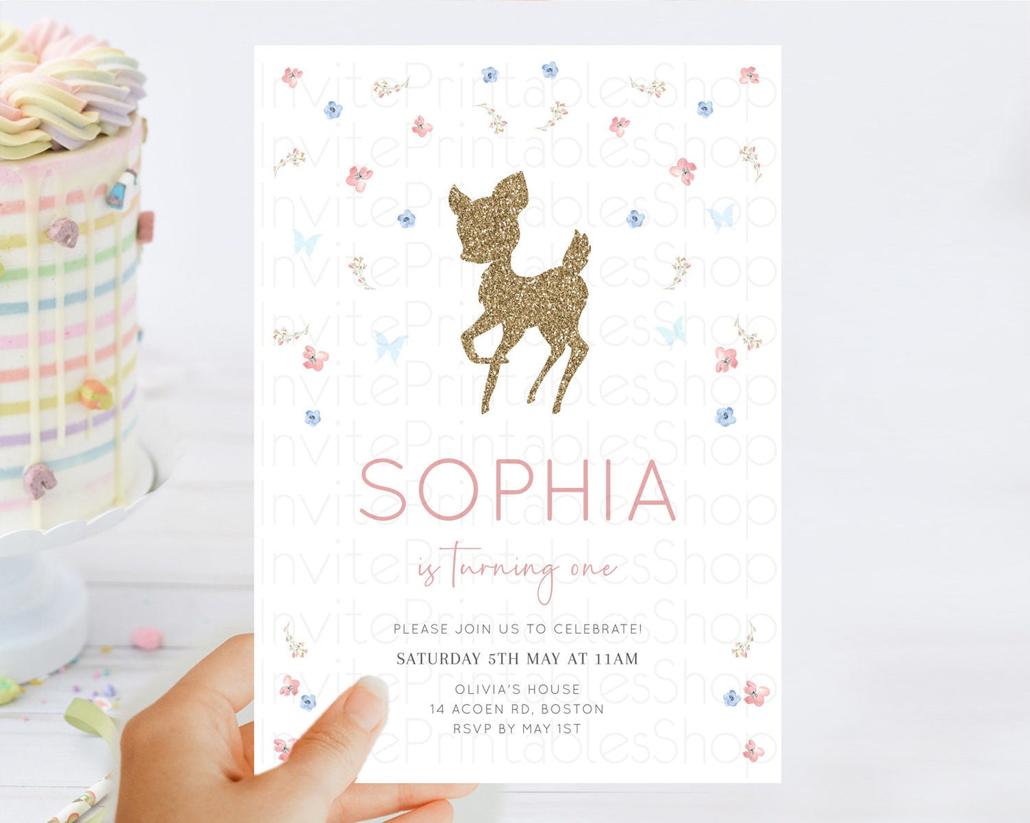 Fawn Birthday Invitation Deer Birthday Invitation Enchanted Forest Party Butterfly Pastel Flowers Whimsical 2nd 1st First Birthday D10359