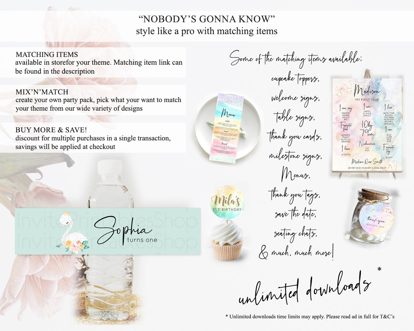 Swan Water Label Template Swan Princess Ballet Party Decor Enchanted Secret Garden Pastel Floral Birthday Baptism Baby Shower D10905