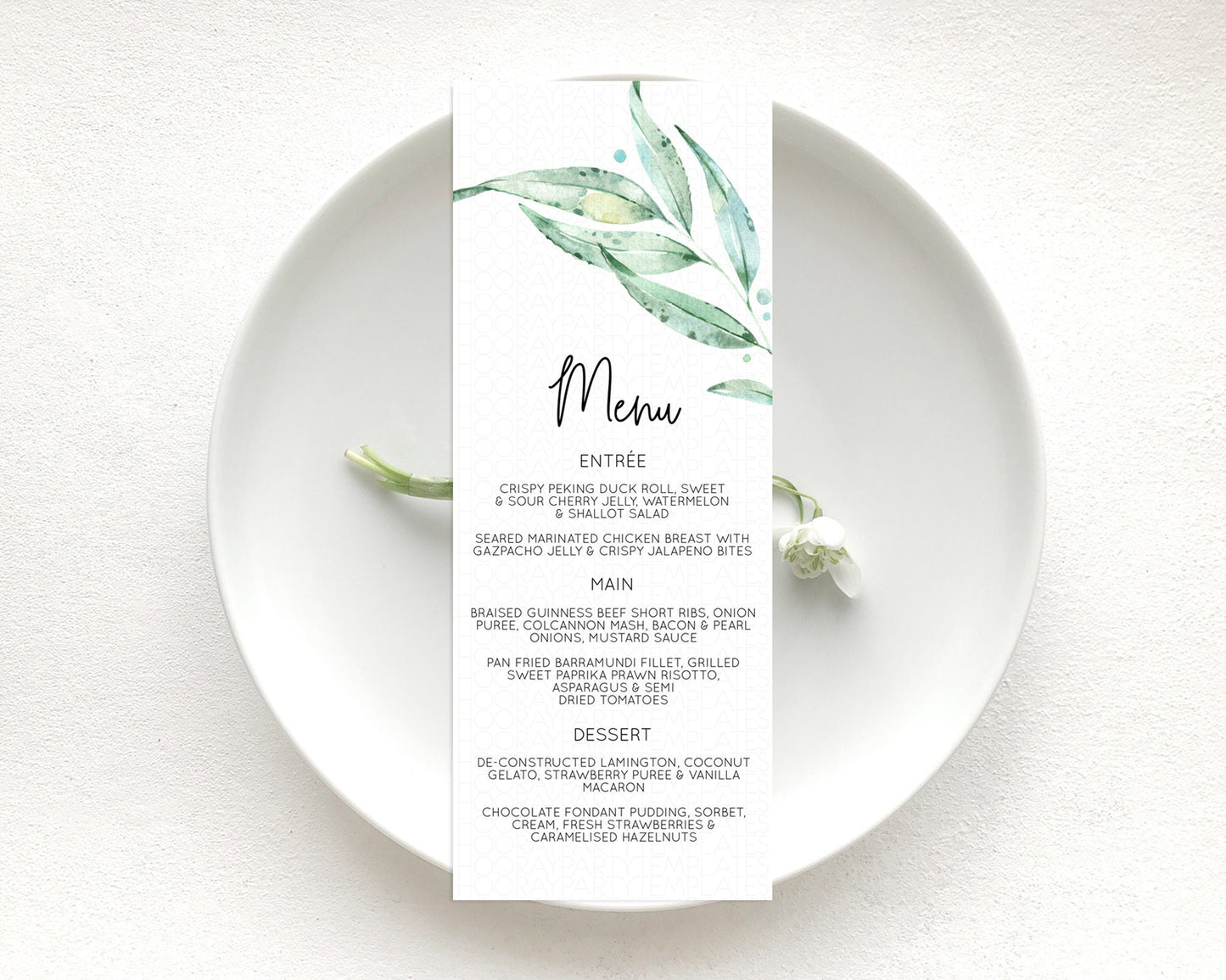 Leafy Menu Green Leaf Menu Template Eucalyptus Fern Leaves Decor Watercolor Boho Garden Leaf Branch Dinner Dessert Party Food Menu D11014