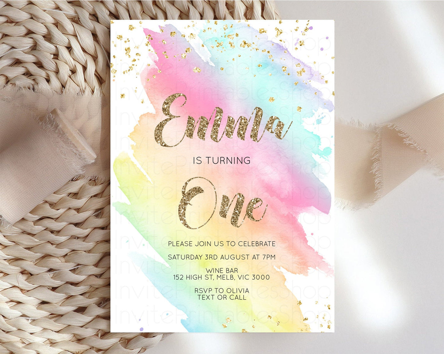 Rainbow Birthday Invitation Pastel Rainbow Birthday Invitation Ombre Watercolor Invite Colorful Splash Glitter Sprinkles 1st 2nd 3rd G518