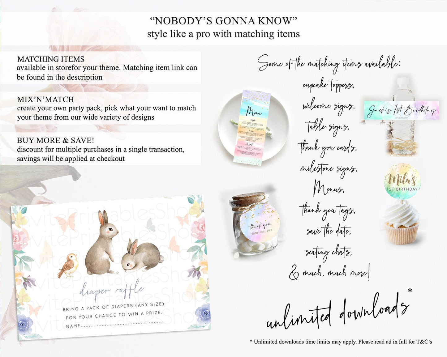 Bunny Diaper Raffle Card Floral Bunny Diaper Raffle Insert Pastel Flowers Woodland Bunny Diaper Ticket Forest Bunny Raffle Game D10928