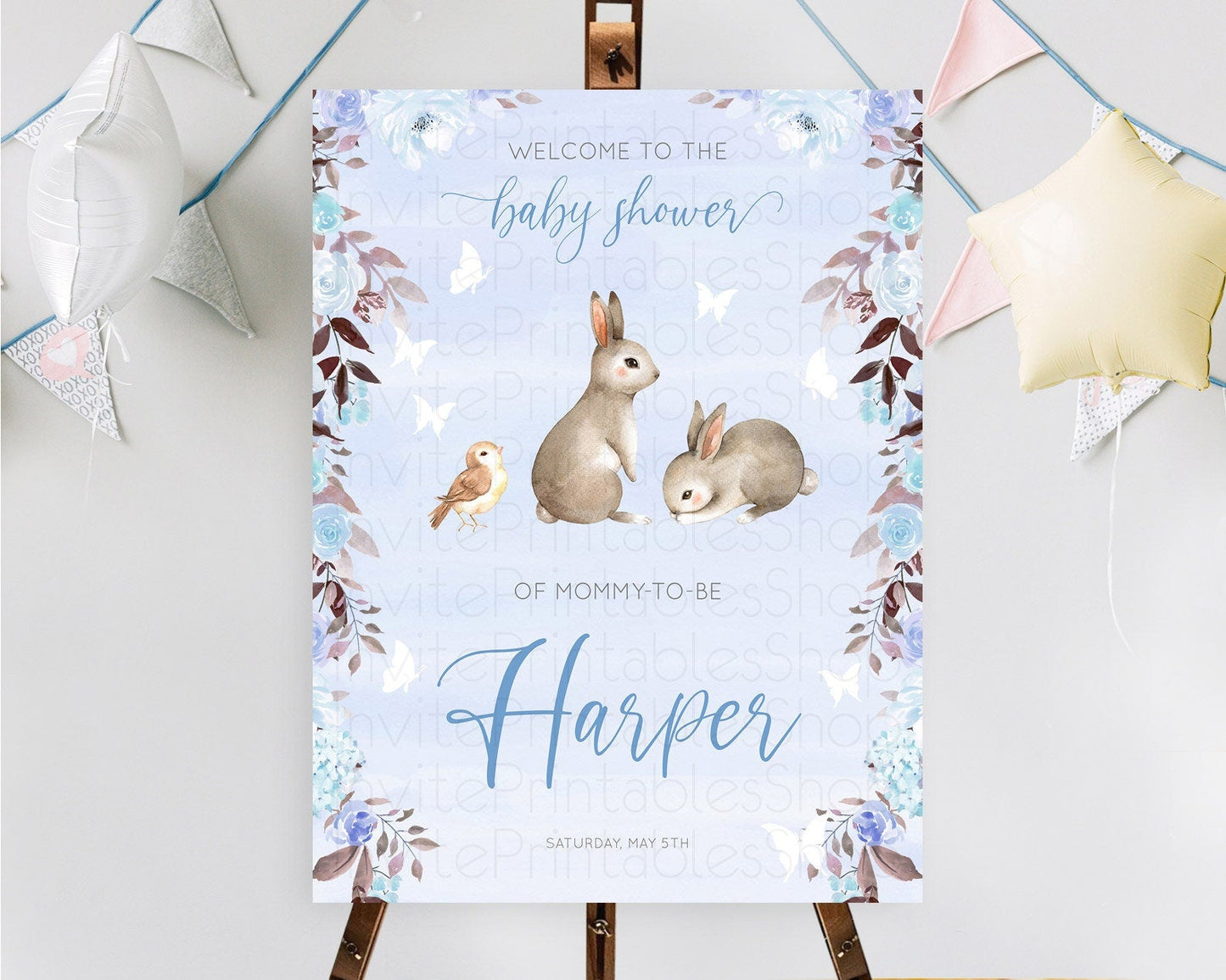 Bunny Baby Shower Welcome Sign Floral Bunny Welcome Board Pastel Flowers Woodland Bunny Welcome Poster Forest Bunny Welcome Sign D10923