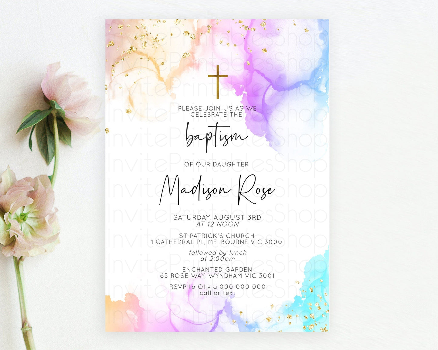 Pastel Baptism Invitation Pastel Colors Watercolor Baptism 1st Birthday Party Gold Ombre Pastel Rainbow Christening Holy Communion D10180
