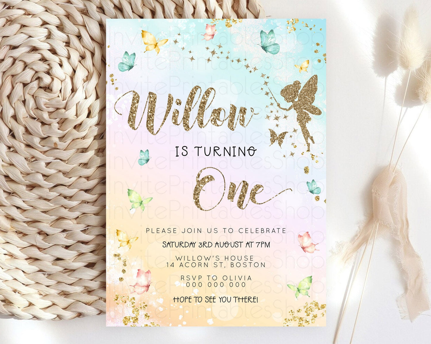 Pastel Fairy Birthday Invitation Pastel Butterflies Fairy Birthday Invitation Rainbow Ombre Watercolor 1st 2nd Birthday Invitation D23152